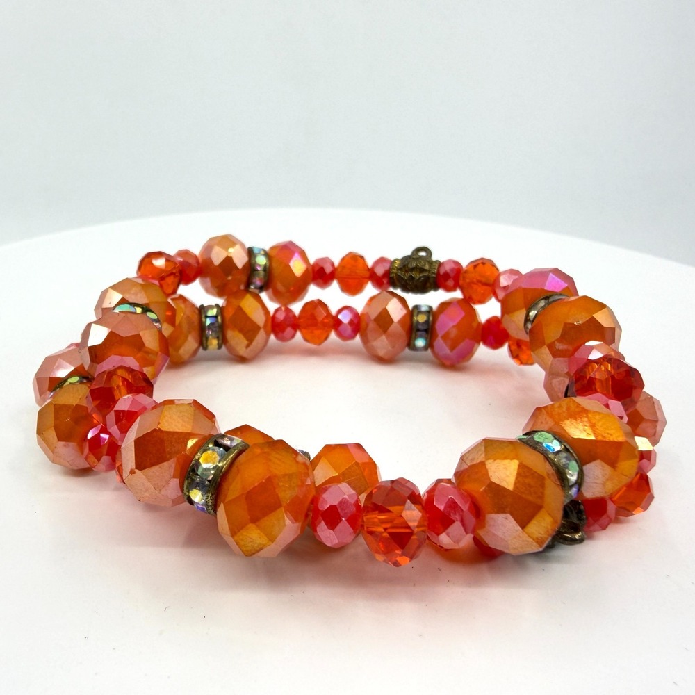 Orange Crystal Stretch Bracelet - Boho Stackable Beaded Wristband